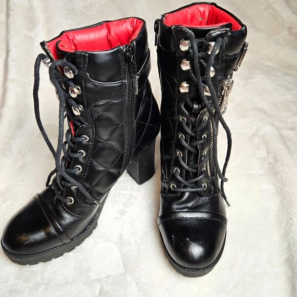 Guess Womens Quilted Black Lace-Up Ankle Boots Size 8.5 4-Inch Heels - Picture 1 of 13